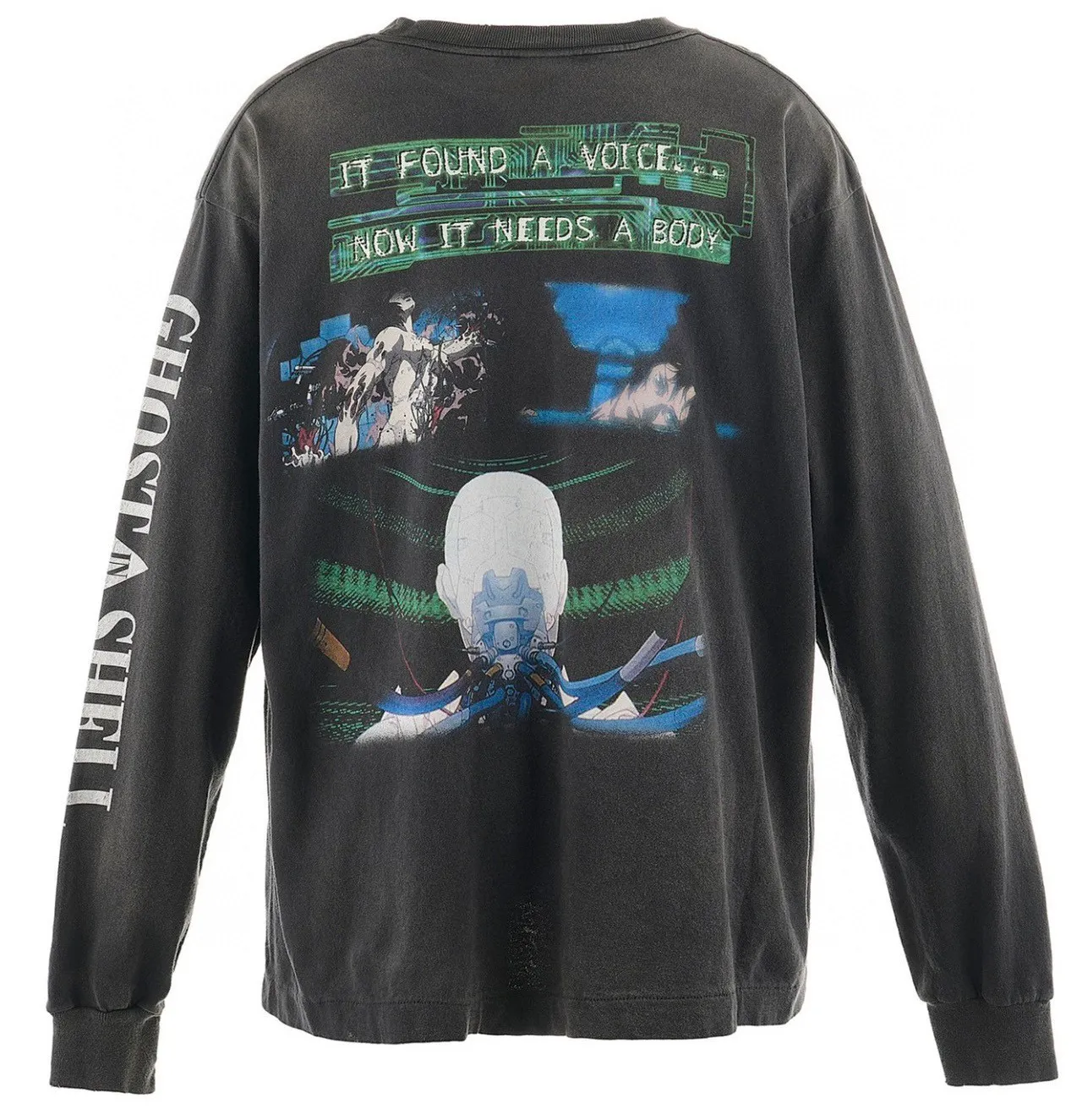 SAINT Mxxxxxx × GHOST IN THE SHELL Ghost in the Shell GS_LS TEE/GITS/BLK Big IP Ghost in the Shell co-branded model Sleeping Motoko Kusanagi Retro distressed long sleeves with holes Washed black S-XL